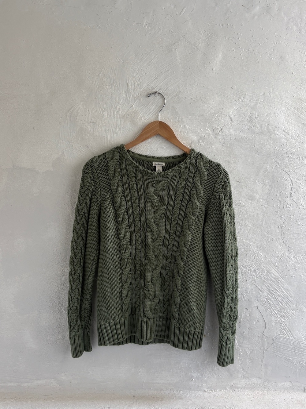 Woman’s L.L Bean olive green cotton cable knit sweater